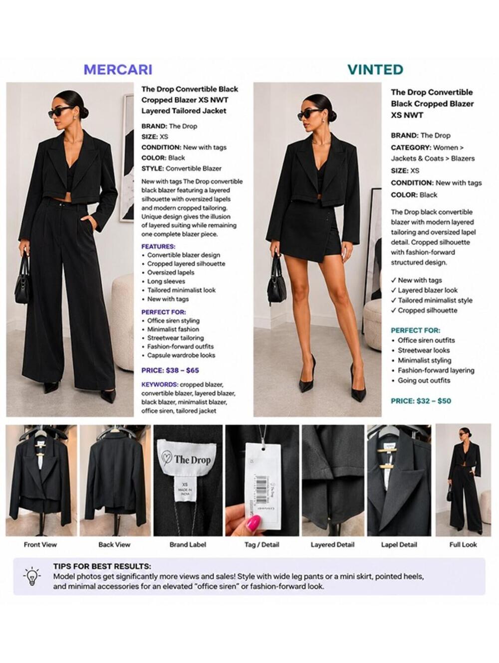 The Drop Convertible Black Cropped Blazer XS NWT Layered Tailored Jacket
